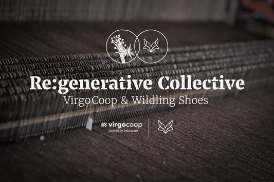 In the background, a detailed view of a weaving machine. In the foreground the text: "Regenerative Collective; VirgoCoop x Wildling Shoes" as well as the logos of both companies and the graphic representation of a hemp plant.